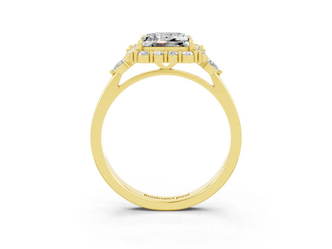 Yellow gold Princess Cut Moissanite Halo Ring with Pear Side Stones and Prong Setting_15