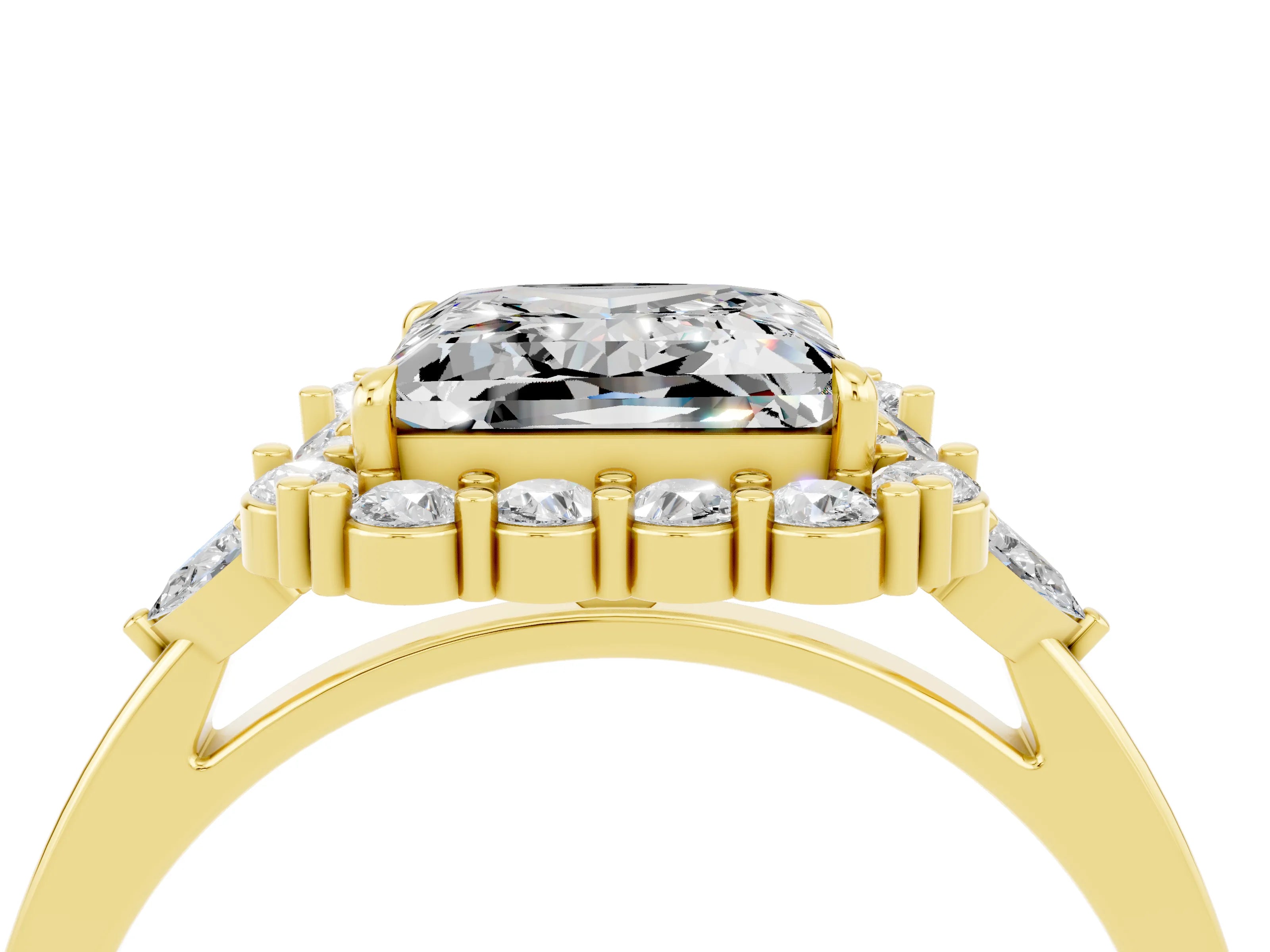 Yellow gold Princess Cut Moissanite Halo Ring with Pear Side Stones and Prong Setting_16