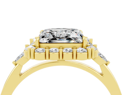 Yellow gold Princess Cut Moissanite Halo Ring with Pear Side Stones and Prong Setting_16