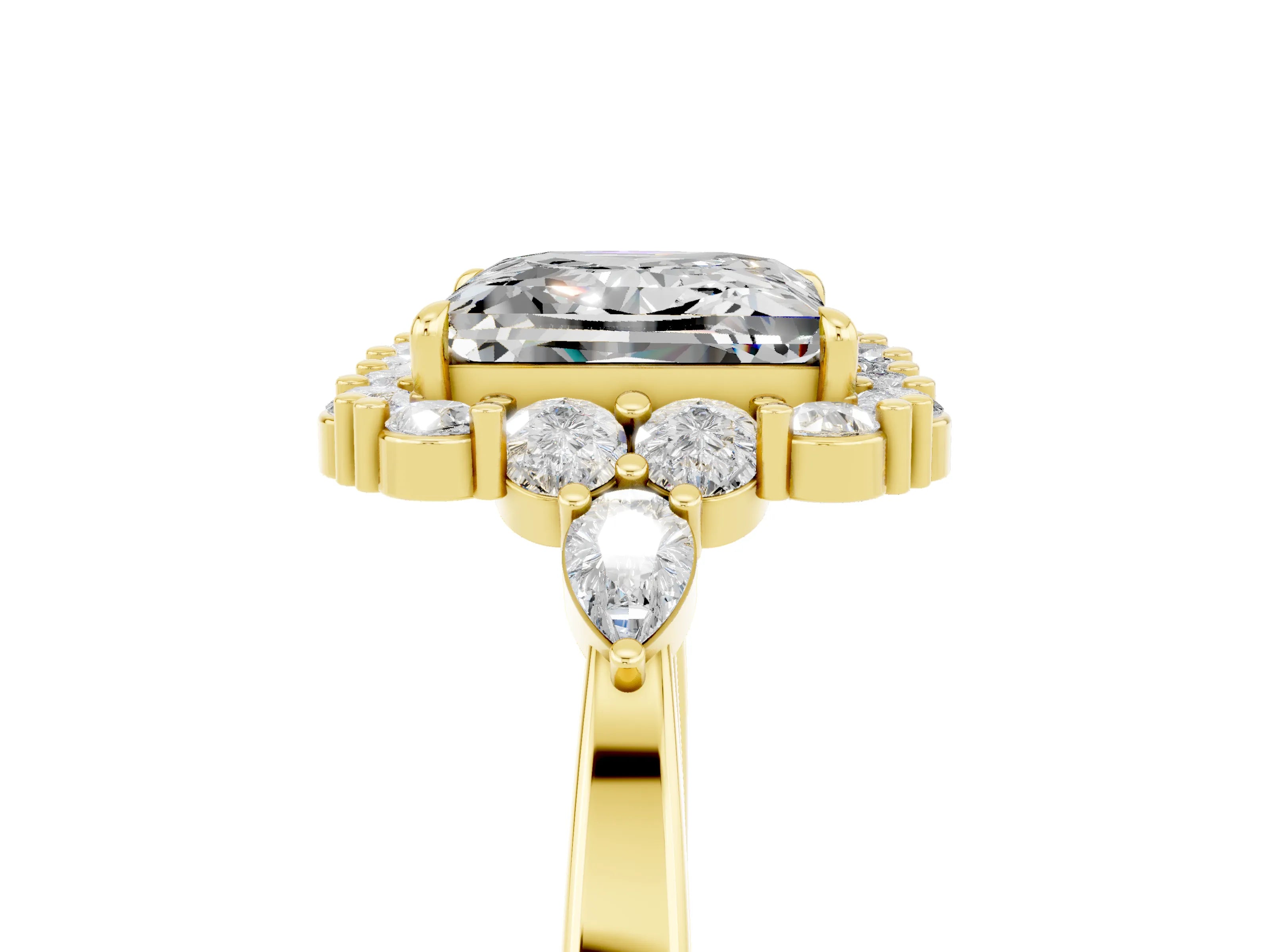 Yellow gold Princess Cut Moissanite Halo Ring with Pear Side Stones and Prong Setting_17