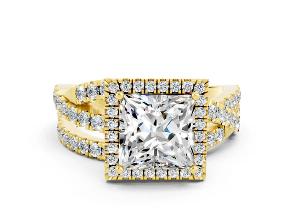 Yellow gold Princess Cut Moissanite Halo Ring with Round Split Shank and Prong Setting