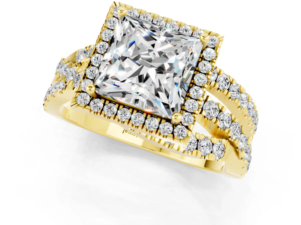 Yellow gold Princess Cut Moissanite Halo Ring with Round Split Shank and Prong Setting