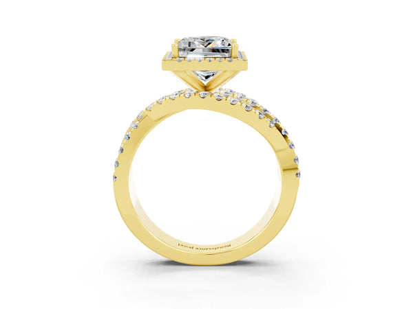 Yellow gold Princess Cut Moissanite Halo Ring with Round Split Shank and Prong Setting