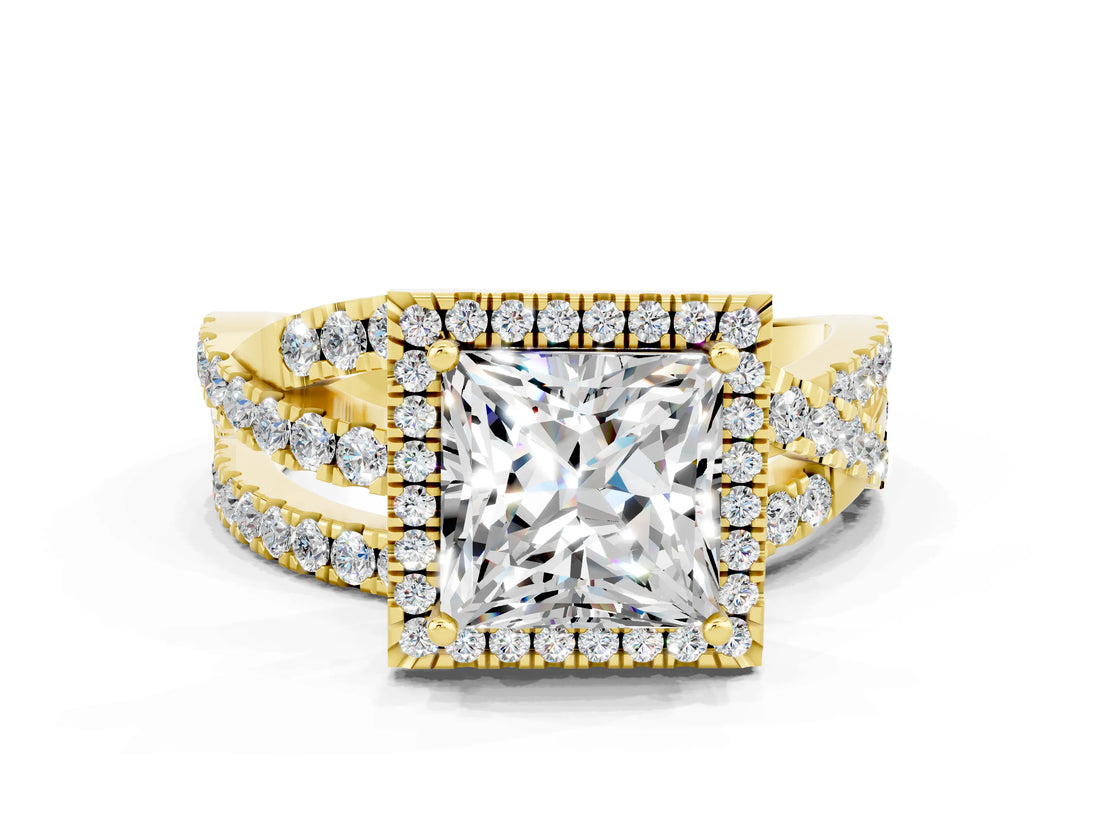 Yellow gold Princess Cut Moissanite Halo Ring with Round Split Shank and Prong Setting_48