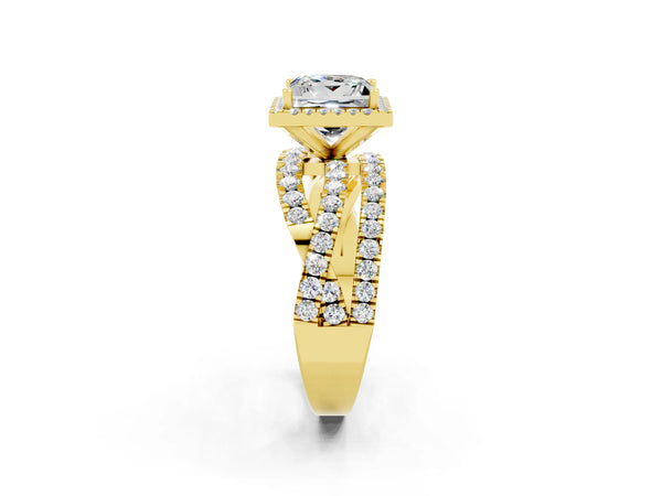 Yellow gold Princess Cut Moissanite Halo Ring with Round Split Shank and Prong Setting