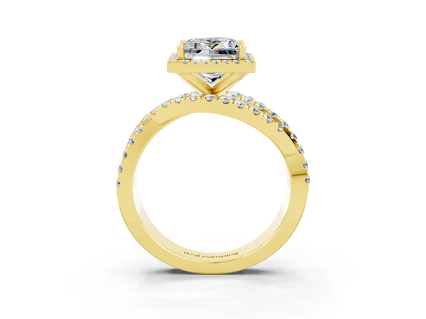 Yellow gold Princess Cut Moissanite Halo Ring with Round Split Shank and Prong Setting