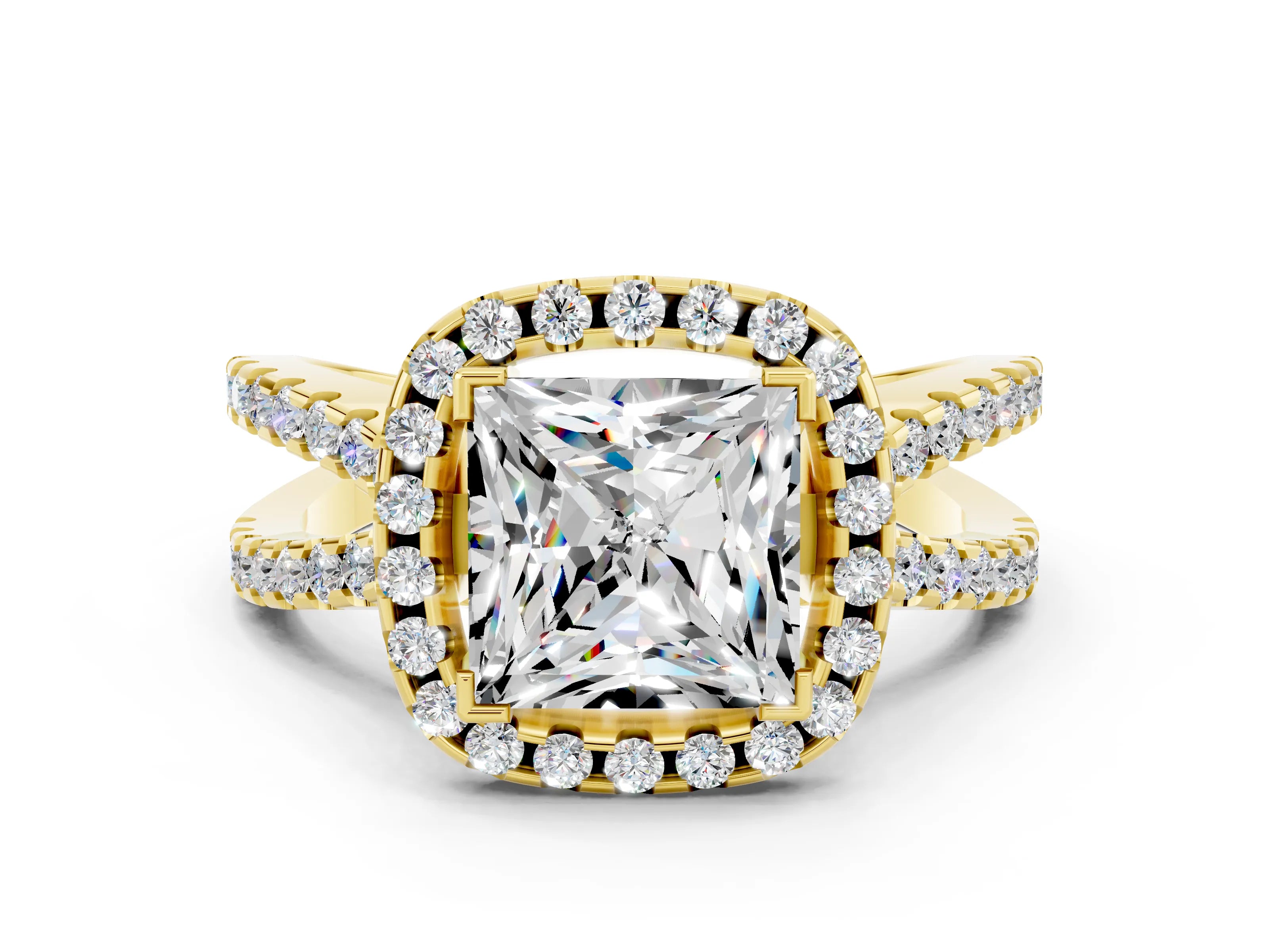 Yellow gold Princess Cut Moissanite Halo Ring with Split Shank Pavé Band and Prong Setting
