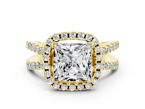 Yellow gold Princess Cut Moissanite Halo Ring with Split Shank Pavé Band and Prong Setting