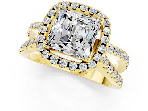 Yellow gold Princess Cut Moissanite Halo Ring with Split Shank Pavé Band and Prong Setting_1