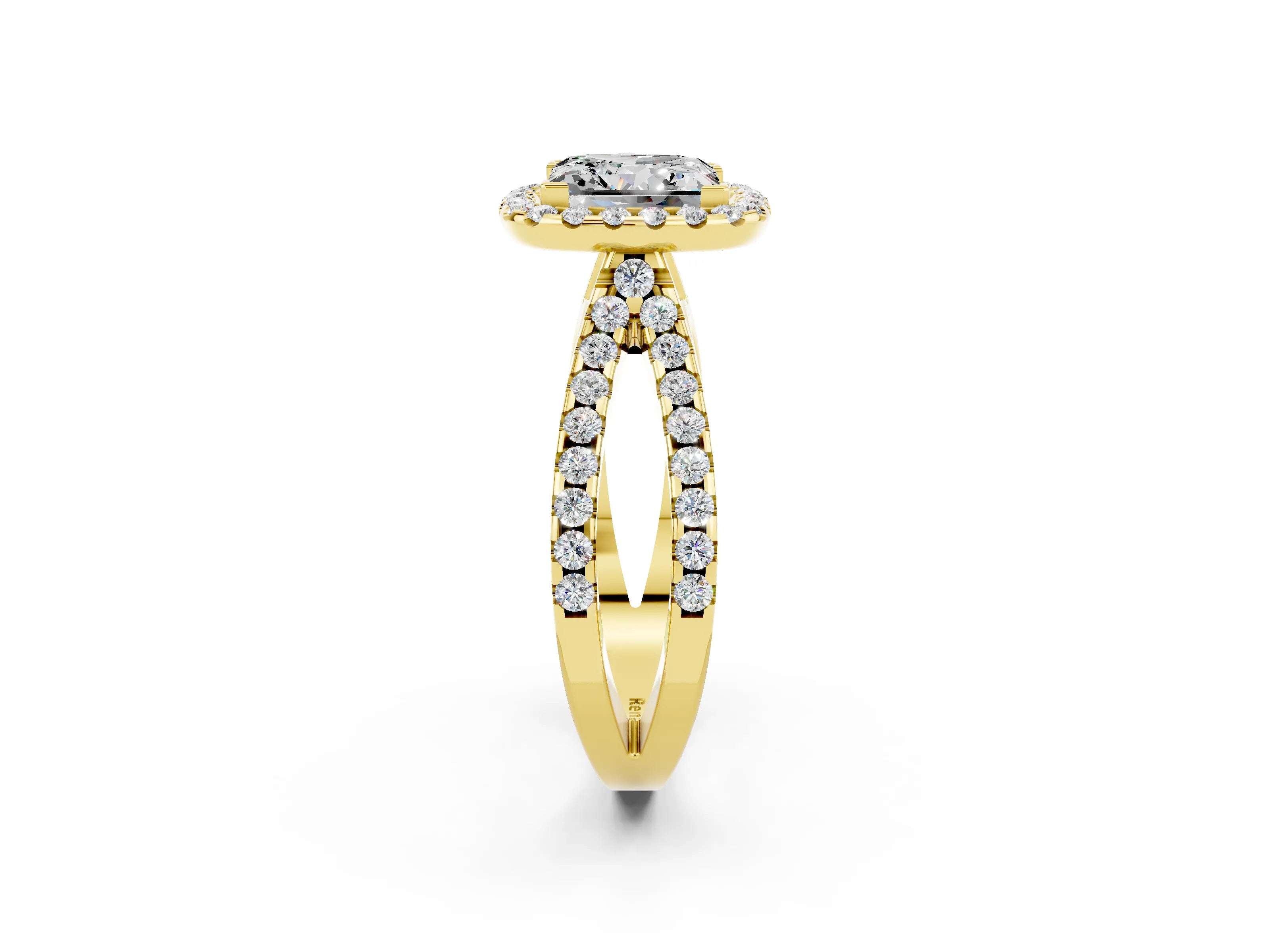 Yellow gold Princess Cut Moissanite Halo Ring with Split Shank Pavé Band and Prong Setting_2