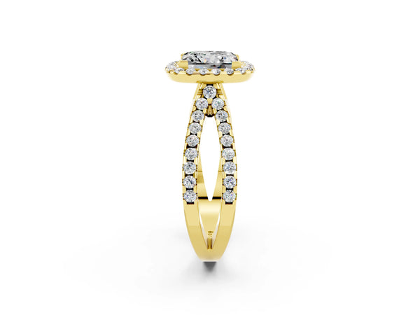 Yellow gold Princess Cut Moissanite Halo Ring with Split Shank Pavé Band and Prong Setting