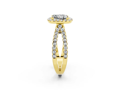 Yellow gold Princess Cut Moissanite Halo Ring with Split Shank Pavé Band and Prong Setting_2