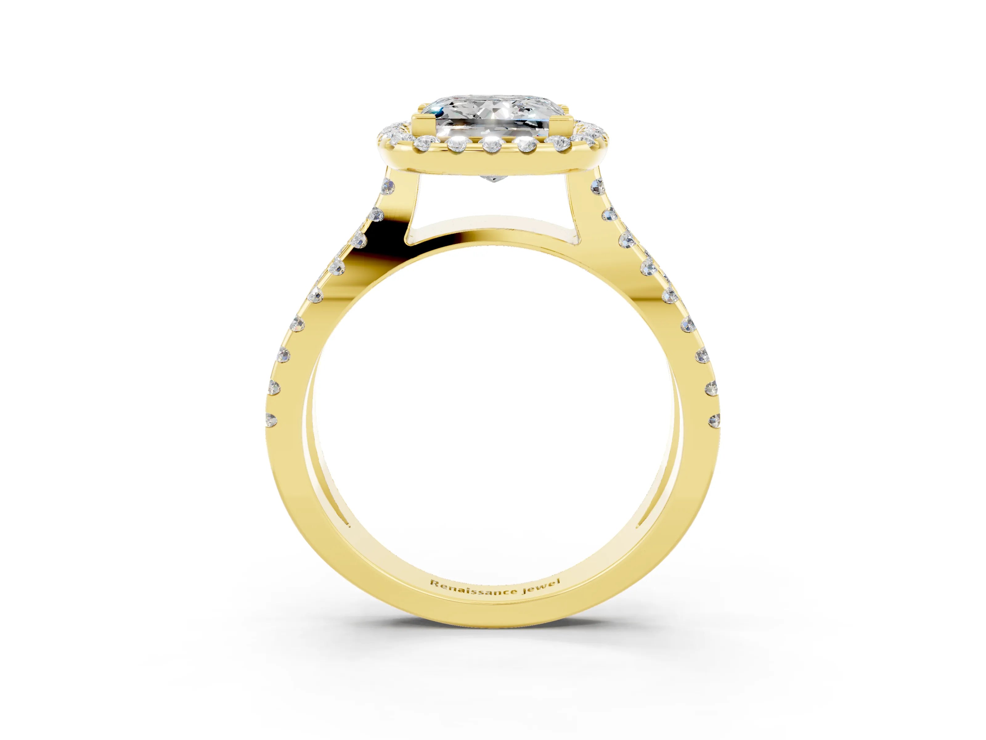 Yellow gold Princess Cut Moissanite Halo Ring with Split Shank Pavé Band and Prong Setting_3