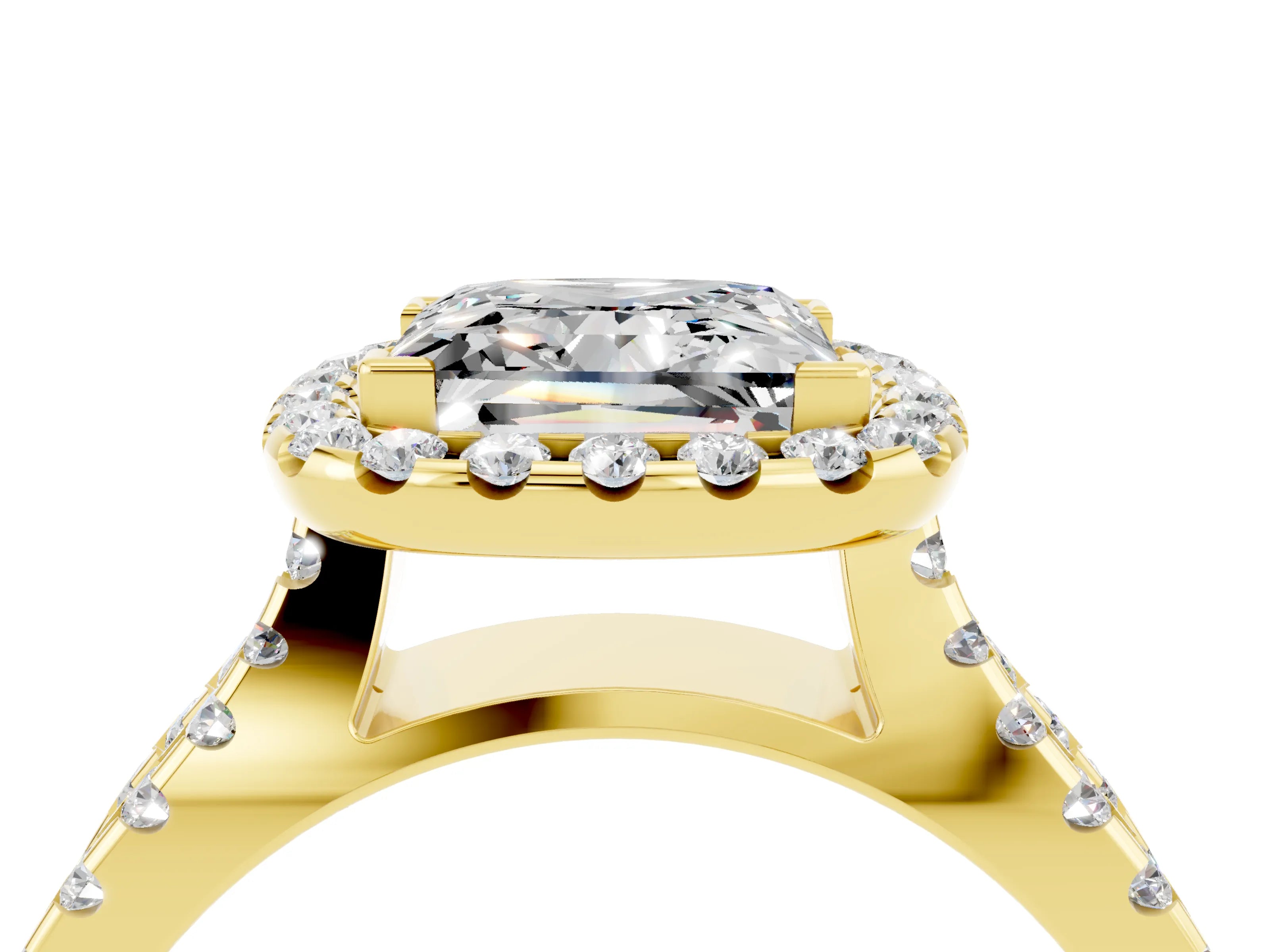 Yellow gold Princess Cut Moissanite Halo Ring with Split Shank Pavé Band and Prong Setting_4