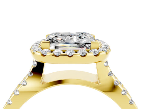 Yellow gold Princess Cut Moissanite Halo Ring with Split Shank Pavé Band and Prong Setting_4