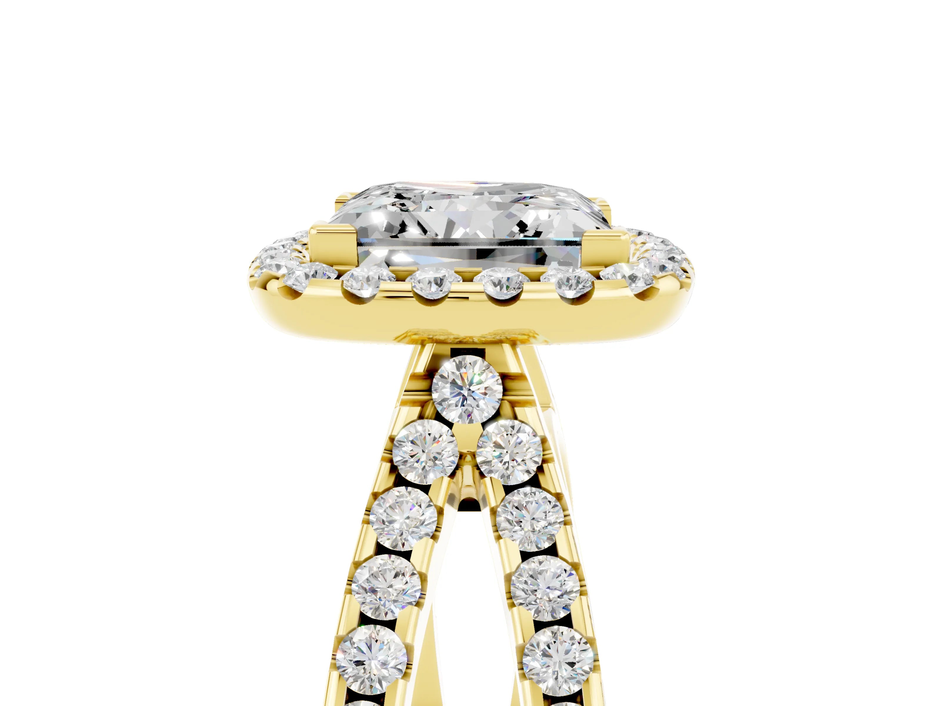Yellow gold Princess Cut Moissanite Halo Ring with Split Shank Pavé Band and Prong Setting_5