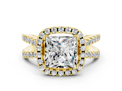 Yellow gold Princess Cut Moissanite Halo Ring with Split Shank Pavé Band and Prong Setting