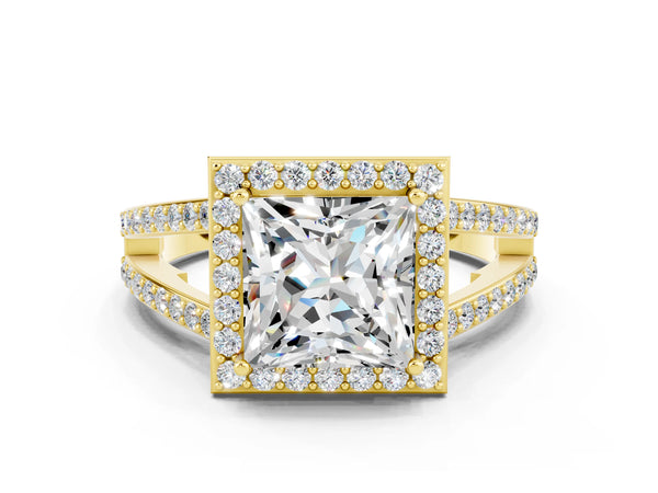 Yellow gold Princess Cut Moissanite Halo Ring with Split Shank U-Prong Band and Four-Prong Setting