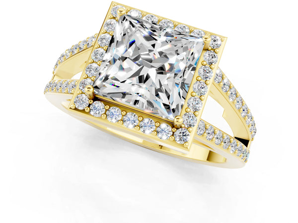 Yellow gold Princess Cut Moissanite Halo Ring with Split Shank U-Prong Band and Four-Prong Setting