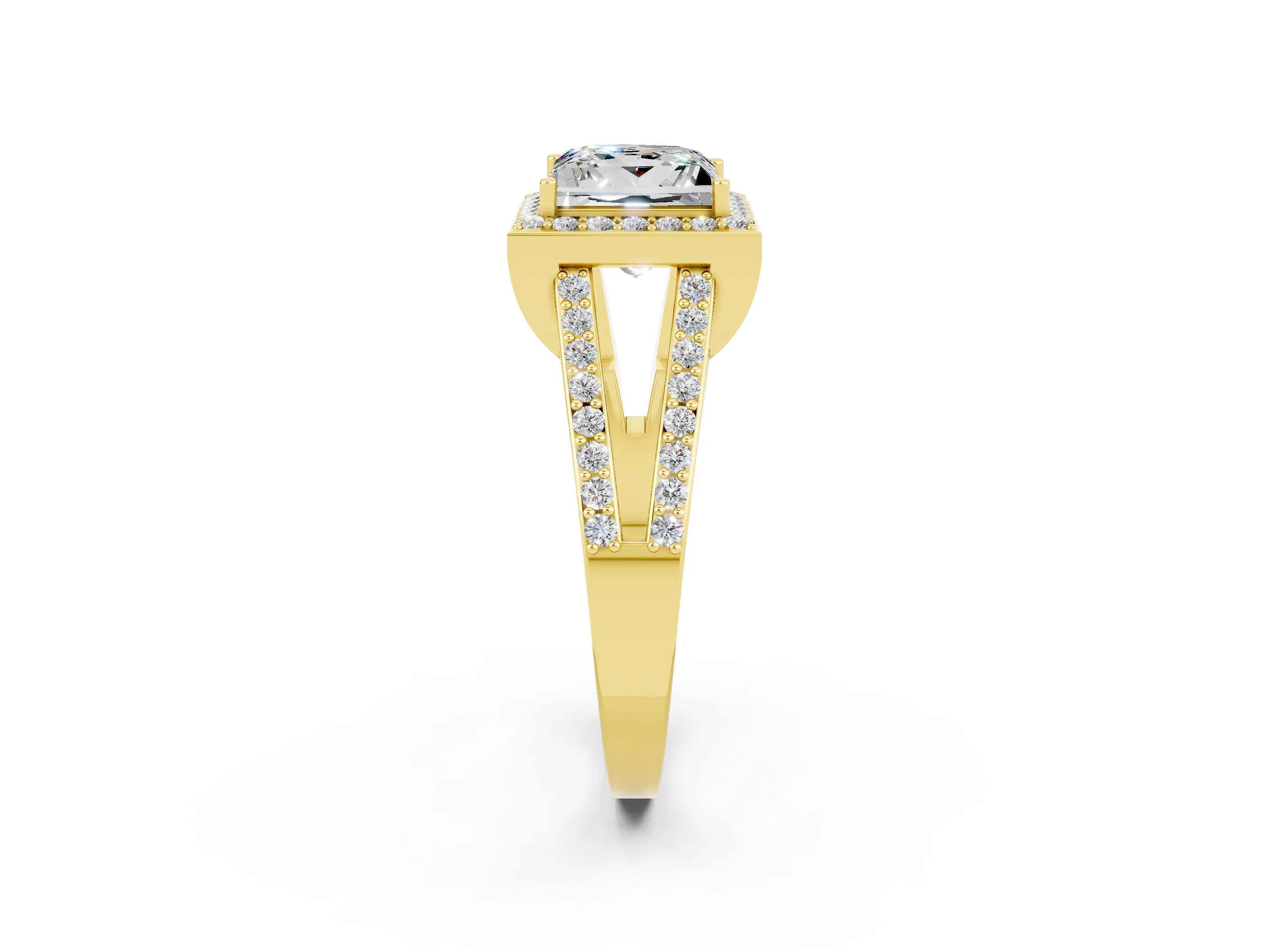 Yellow gold Princess Cut Moissanite Halo Ring with Split Shank U-Prong Band and Four-Prong Setting_2
