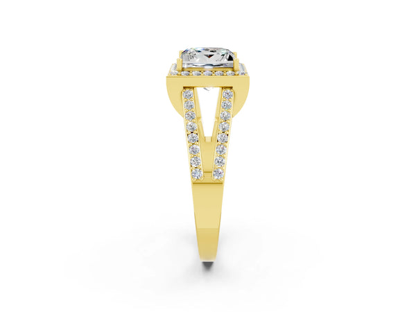 Yellow gold Princess Cut Moissanite Halo Ring with Split Shank U-Prong Band and Four-Prong Setting