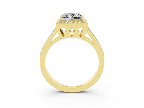 Yellow gold Princess Cut Moissanite Halo Ring with Split Shank U-Prong Band and Four-Prong Setting_3