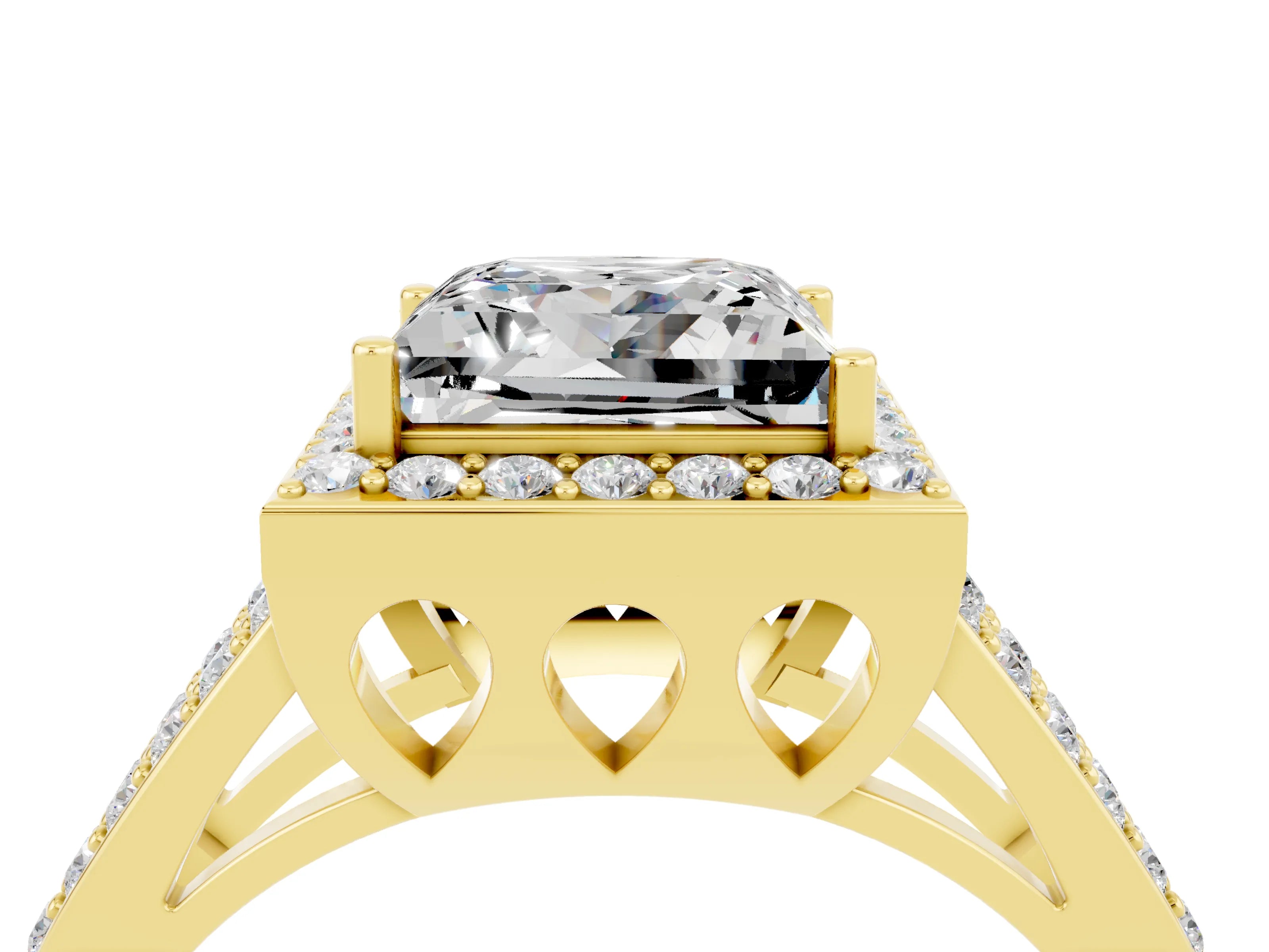 Yellow gold Princess Cut Moissanite Halo Ring with Split Shank U-Prong Band and Four-Prong Setting_4