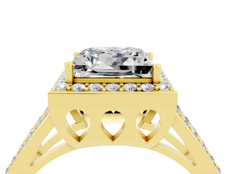 Yellow gold Princess Cut Moissanite Halo Ring with Split Shank U-Prong Band and Four-Prong Setting_4