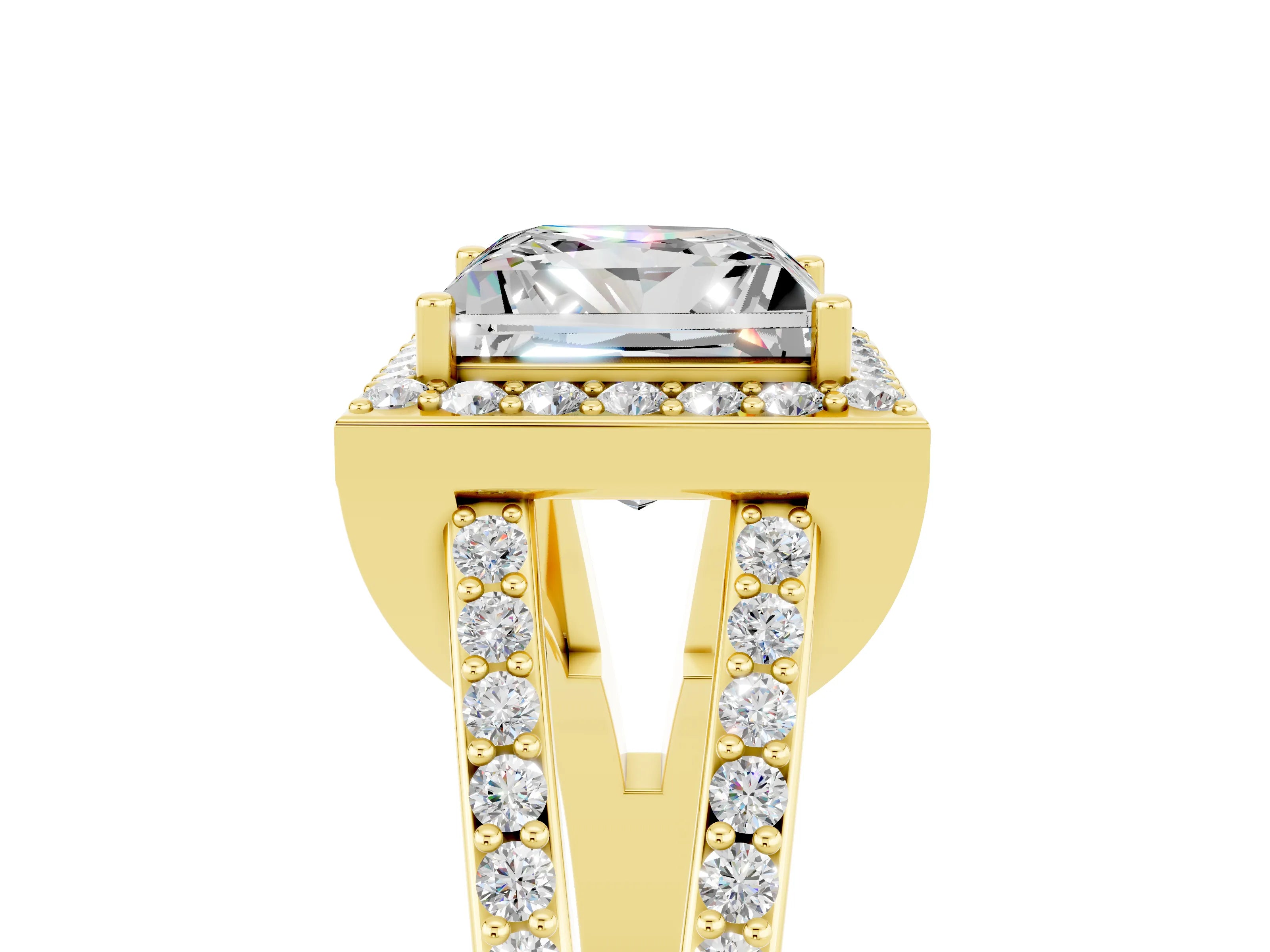 Yellow gold Princess Cut Moissanite Halo Ring with Split Shank U-Prong Band and Four-Prong Setting_5
