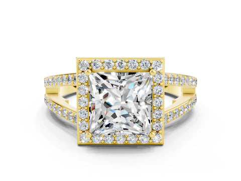 Yellow gold Princess Cut Moissanite Halo Ring with Split Shank U-Prong Band and Four-Prong Setting