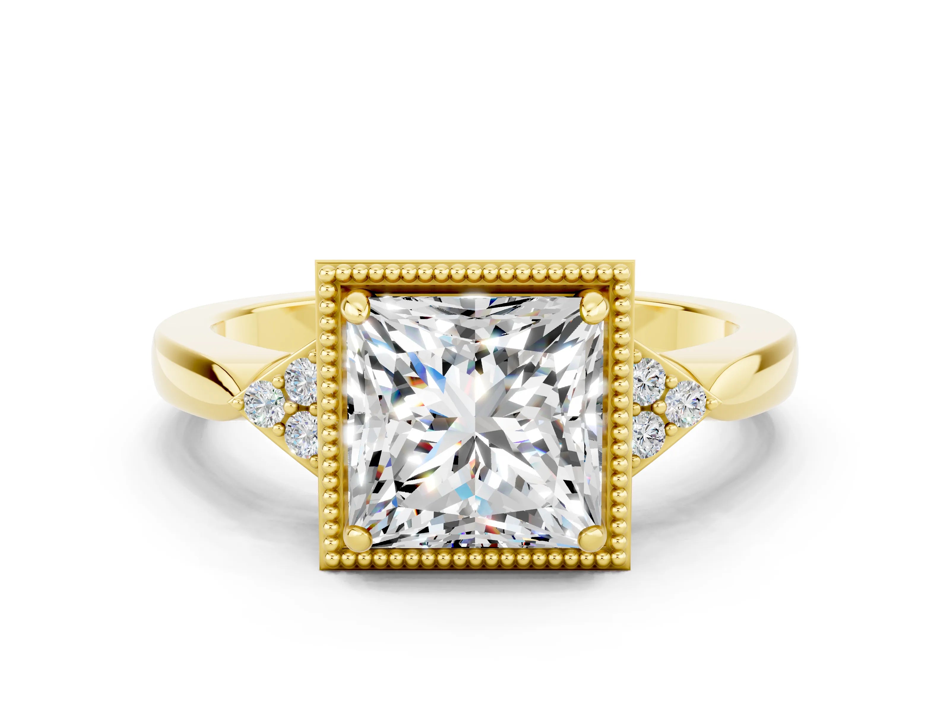 Yellow gold Princess Cut Moissanite Halo Ring with Tapered Band and Four-Prong Setting