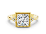 Yellow gold Princess Cut Moissanite Halo Ring with Tapered Band and Four-Prong Setting