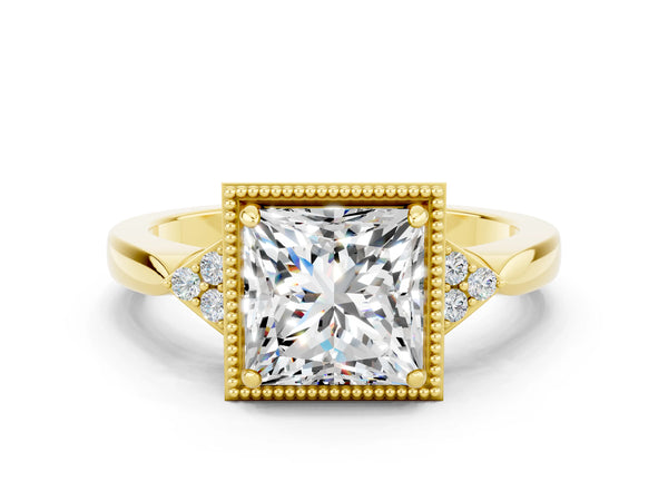 Yellow gold Princess Cut Moissanite Halo Ring with Tapered Band and Four-Prong Setting