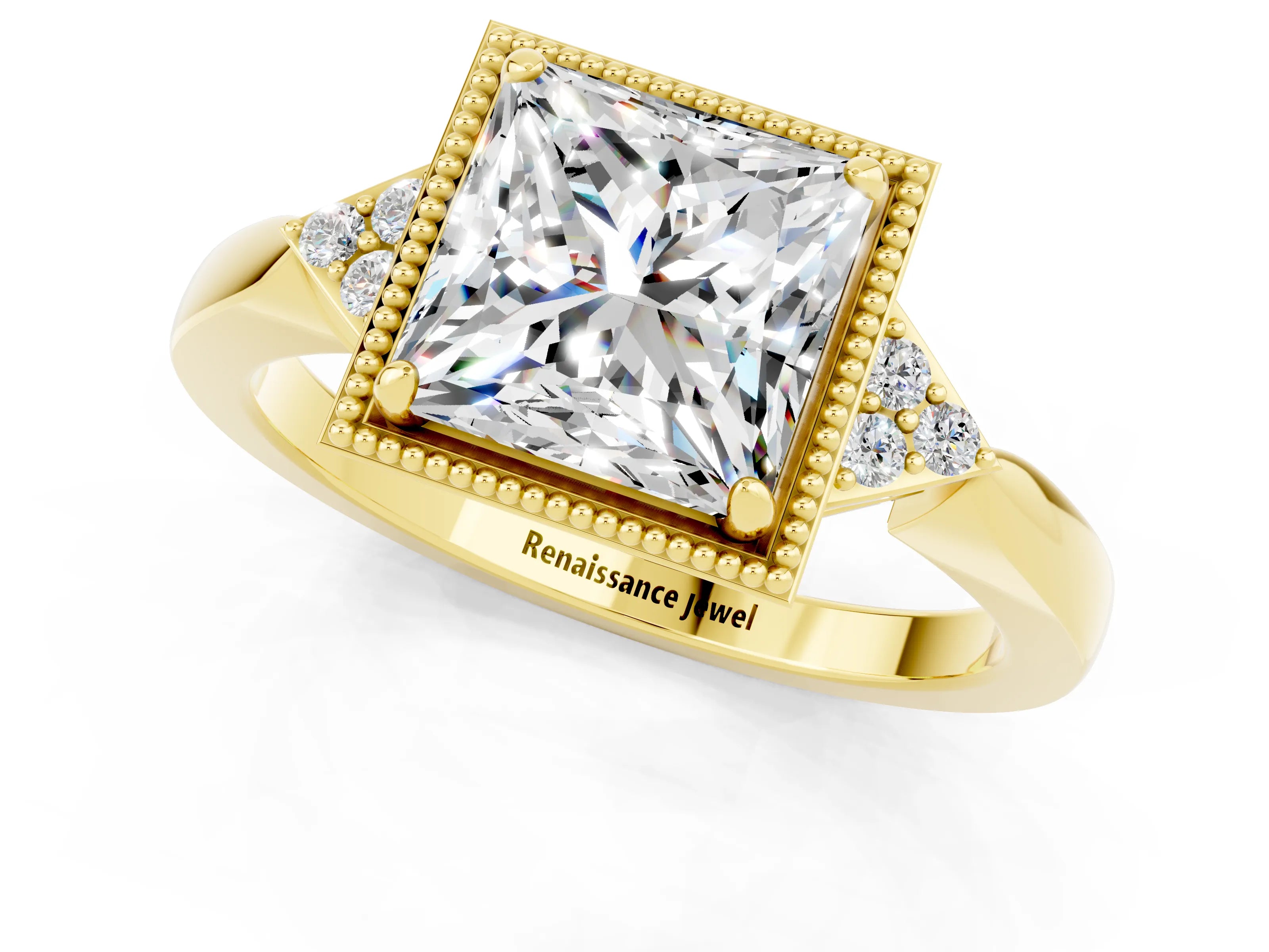 Yellow gold Princess Cut Moissanite Halo Ring with Tapered Band and Four-Prong Setting_1