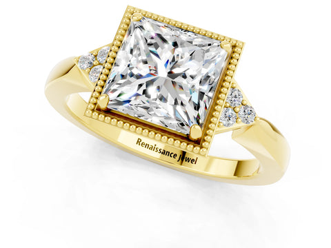 Yellow gold Princess Cut Moissanite Halo Ring with Tapered Band and Four-Prong Setting_1