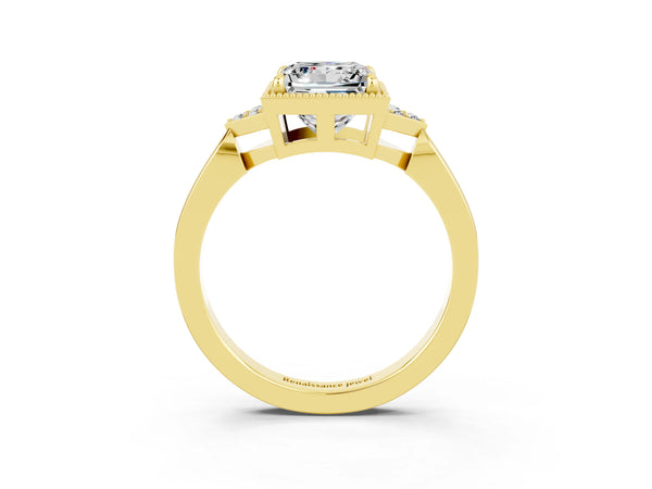 Yellow gold Princess Cut Moissanite Halo Ring with Tapered Band and Four-Prong Setting