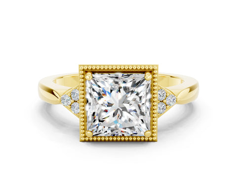 Yellow gold Princess Cut Moissanite Halo Ring with Tapered Band and Four-Prong Setting