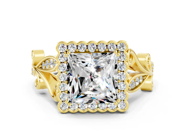 Yellow gold Princess Cut Moissanite Halo Ring with Vintage Split Shank and Four-Prong Setting