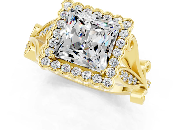 Yellow gold Princess Cut Moissanite Halo Ring with Vintage Split Shank and Four-Prong Setting