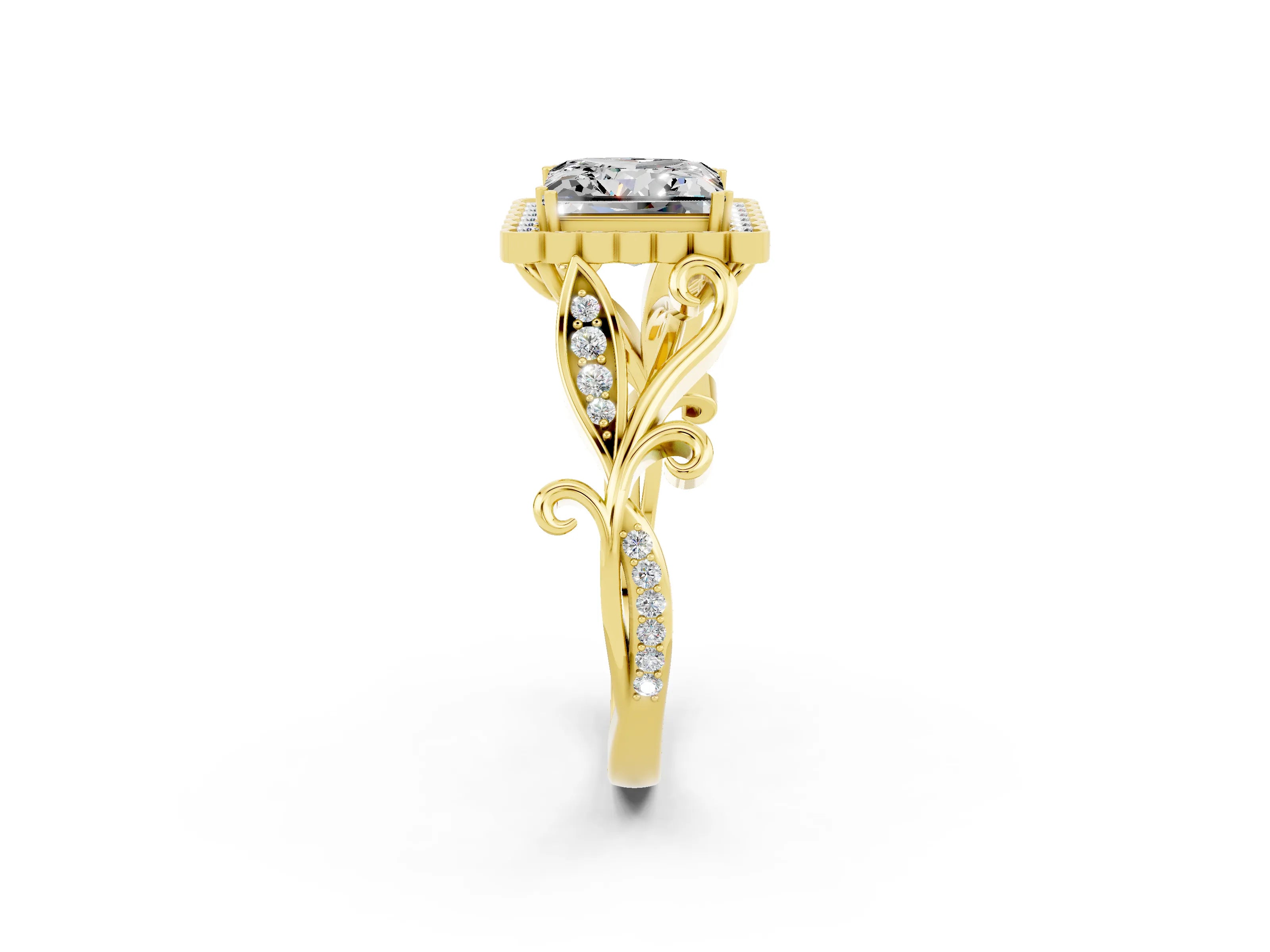Yellow gold Princess Cut Moissanite Halo Ring with Vintage Split Shank and Four-Prong Setting_2
