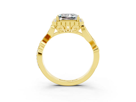 Yellow gold Princess Cut Moissanite Halo Ring with Vintage Split Shank and Four-Prong Setting_3