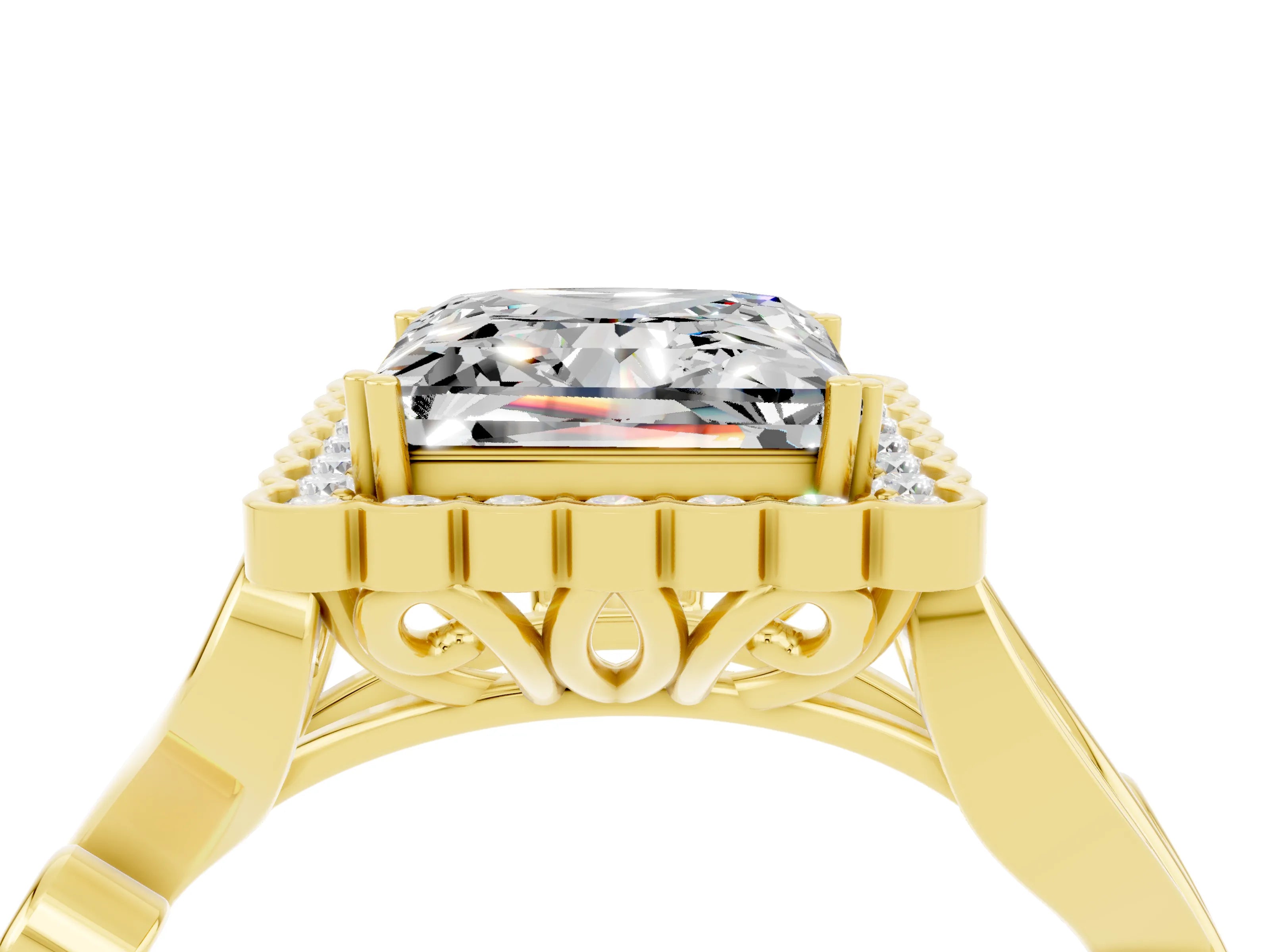 Yellow gold Princess Cut Moissanite Halo Ring with Vintage Split Shank and Four-Prong Setting_4