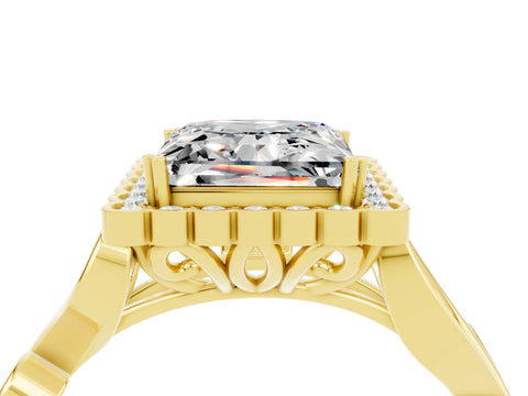 Yellow gold Princess Cut Moissanite Halo Ring with Vintage Split Shank and Four-Prong Setting_4