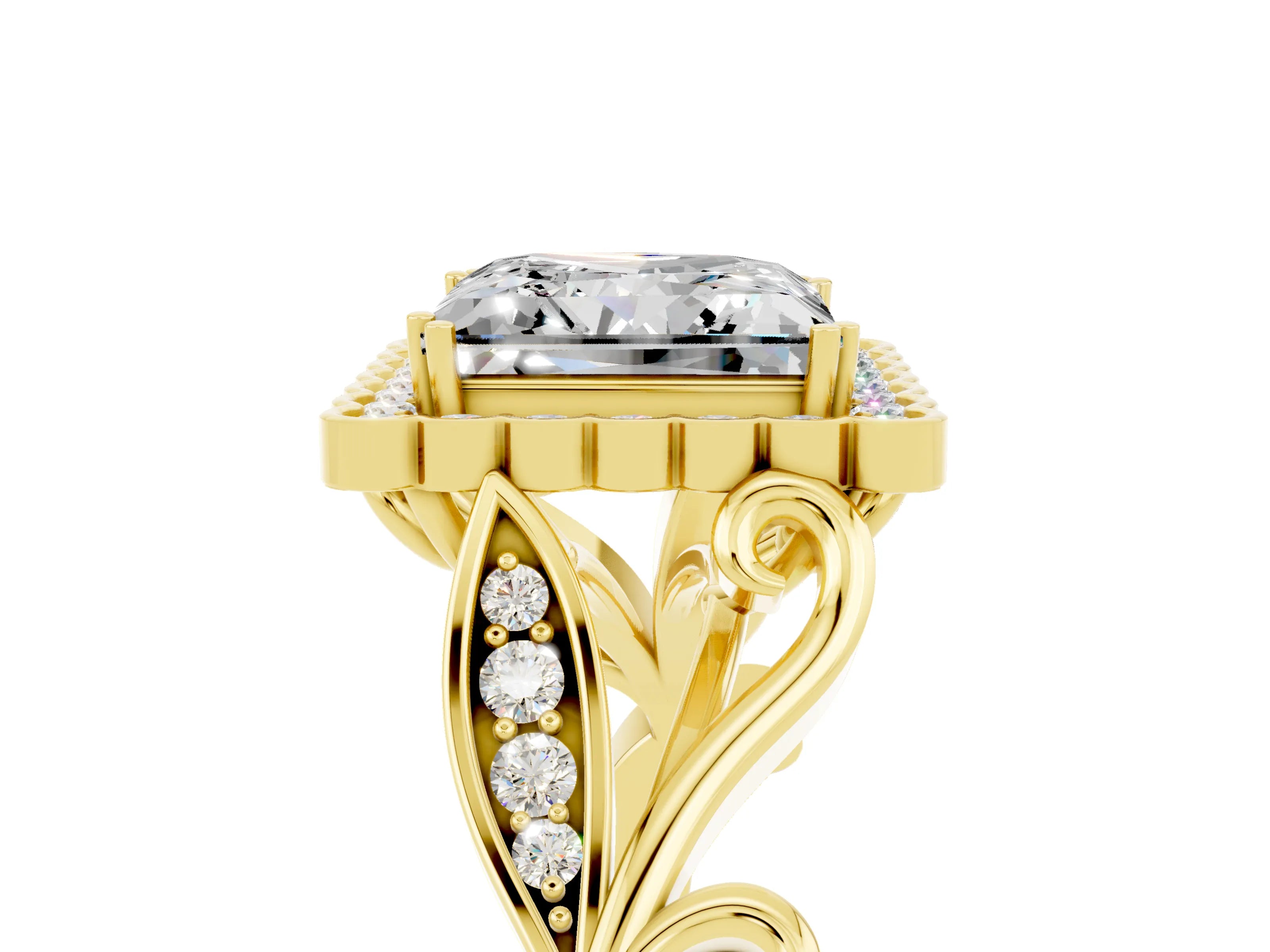 Yellow gold Princess Cut Moissanite Halo Ring with Vintage Split Shank and Four-Prong Setting_5