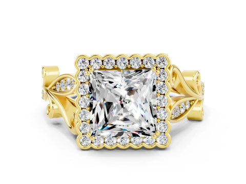 Yellow gold Princess Cut Moissanite Halo Ring with Vintage Split Shank and Four-Prong Setting