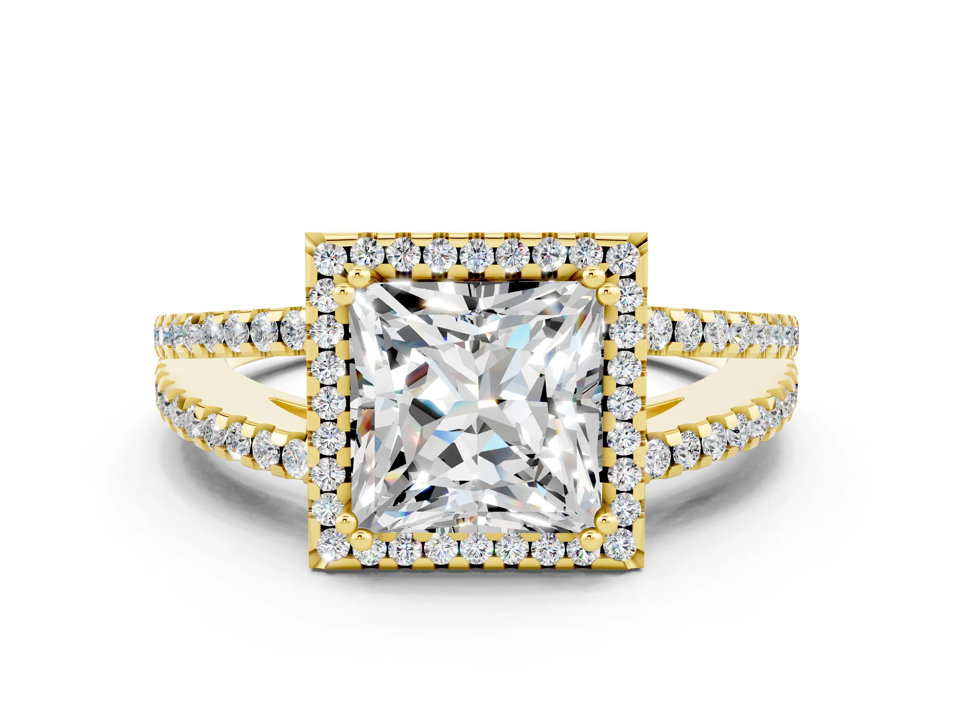 Yellow gold Princess Cut Moissanite Halo Split Shank Engagement Ring_12