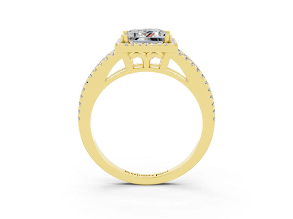 Yellow gold Princess Cut Moissanite Halo Split Shank Engagement Ring