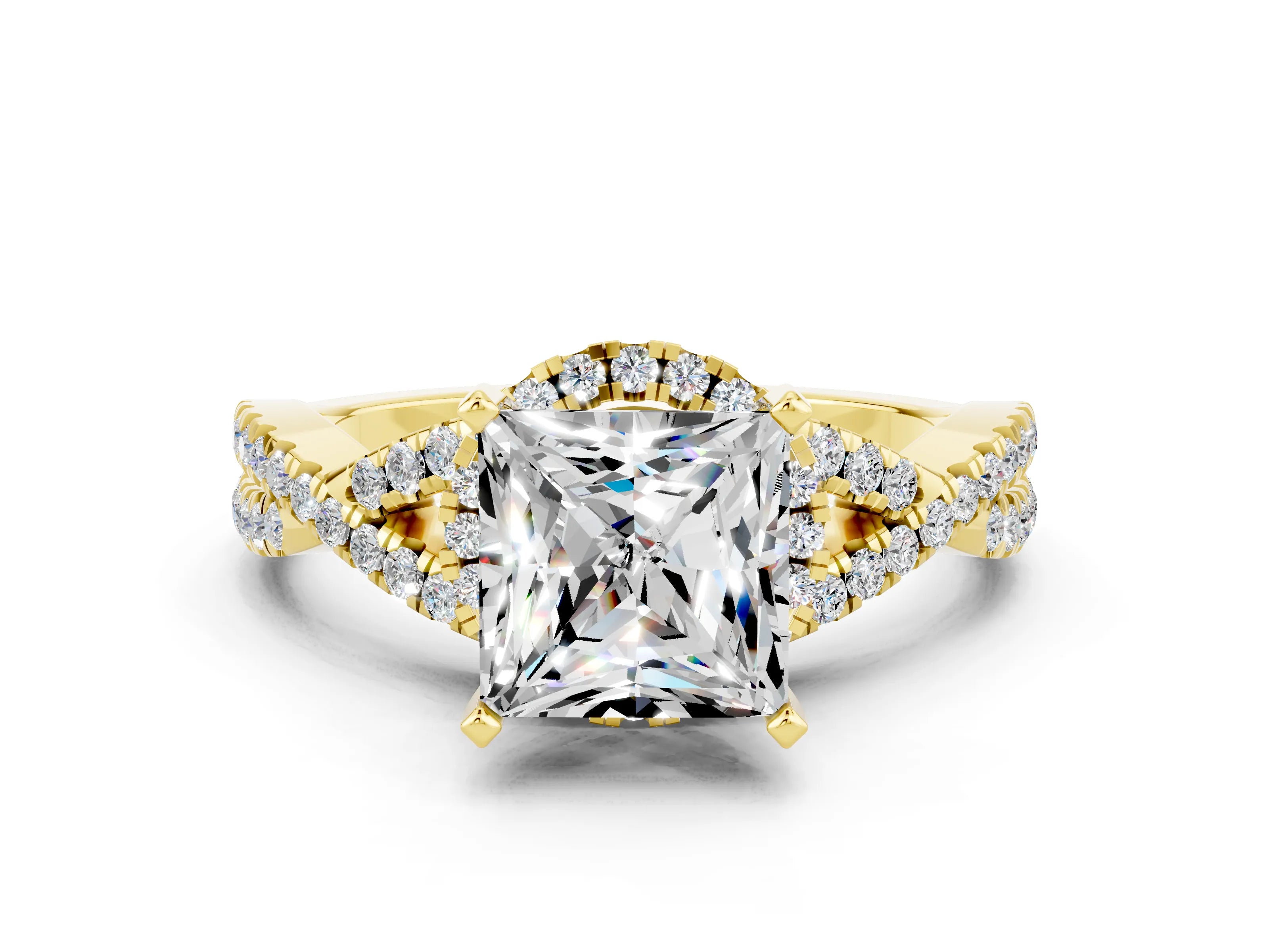 Yellow gold Princess Cut Moissanite Halo Twist Band Solitaire Prong Setting Ring