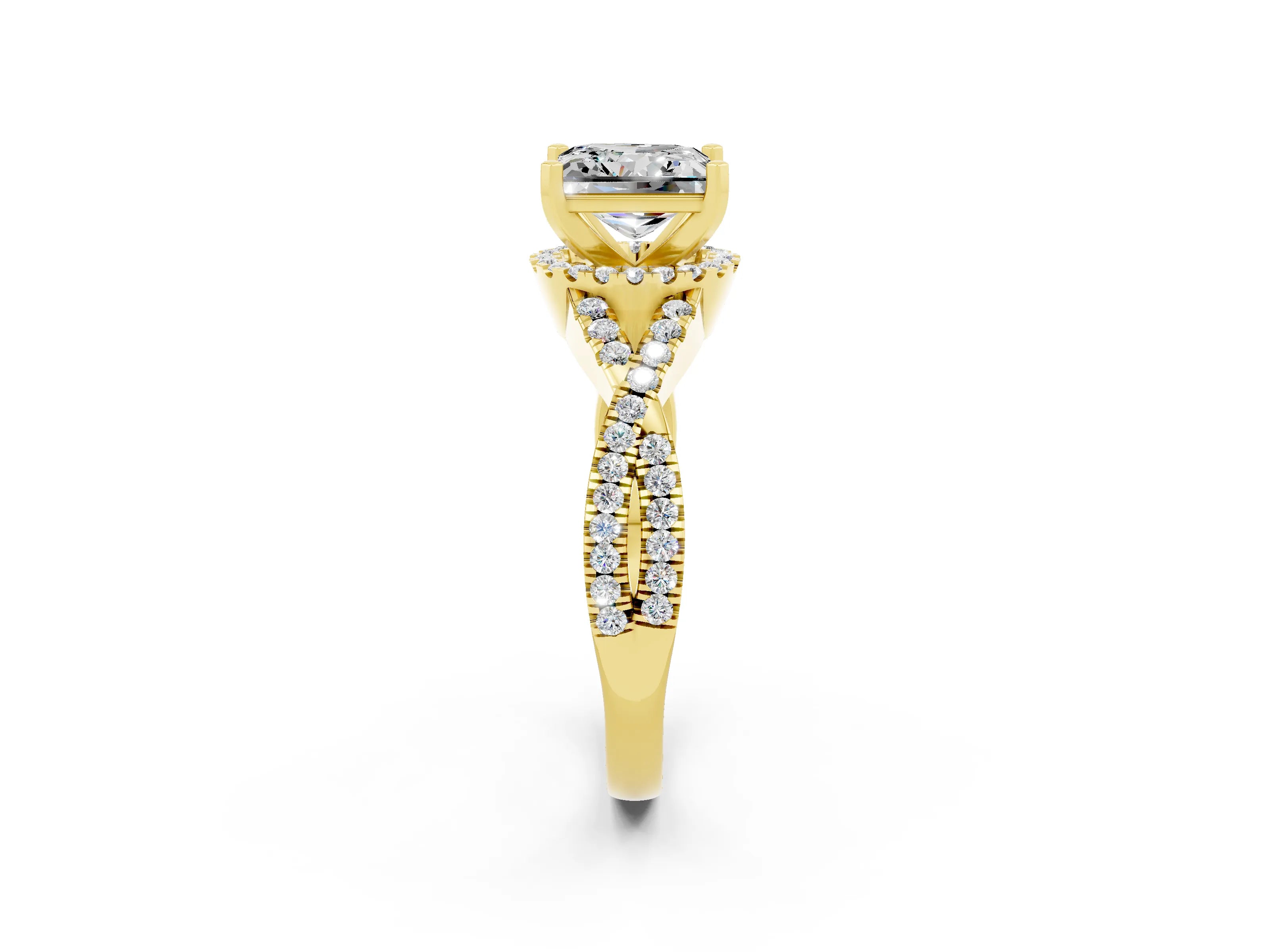 Yellow gold Princess Cut Moissanite Halo Twist Band Solitaire Prong Setting Ring_2
