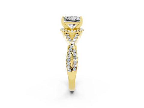 Yellow gold Princess Cut Moissanite Halo Twist Band Solitaire Prong Setting Ring_2